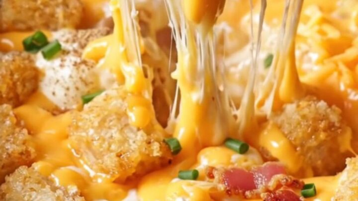 A steaming, cheesy bacon ranch tater tot casserole in a slow cooker, topped with chopped chives.