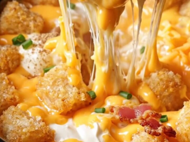 A steaming, cheesy bacon ranch tater tot casserole in a slow cooker, topped with chopped chives.
