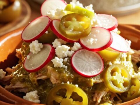 A warm clay bowl filled with creamy shredded chicken enchilada stack topped with radishes and lime.