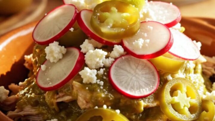 A warm clay bowl filled with creamy shredded chicken enchilada stack topped with radishes and lime.