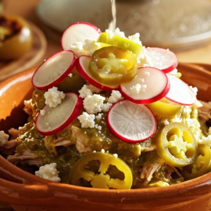 A warm clay bowl filled with creamy shredded chicken enchilada stack topped with radishes and lime.