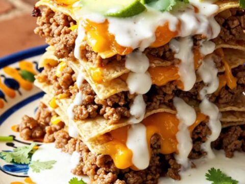 A tall, steaming wedge of stacked beef and red chile enchilada casserole on a colorful Talavera plate.