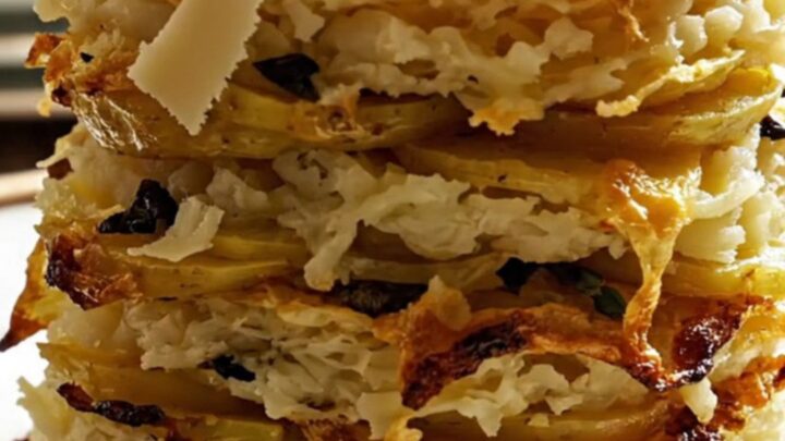 A steaming, golden-brown serving of mushroom and truffle Gruyère scalloped potatoes garnished with fresh thyme.