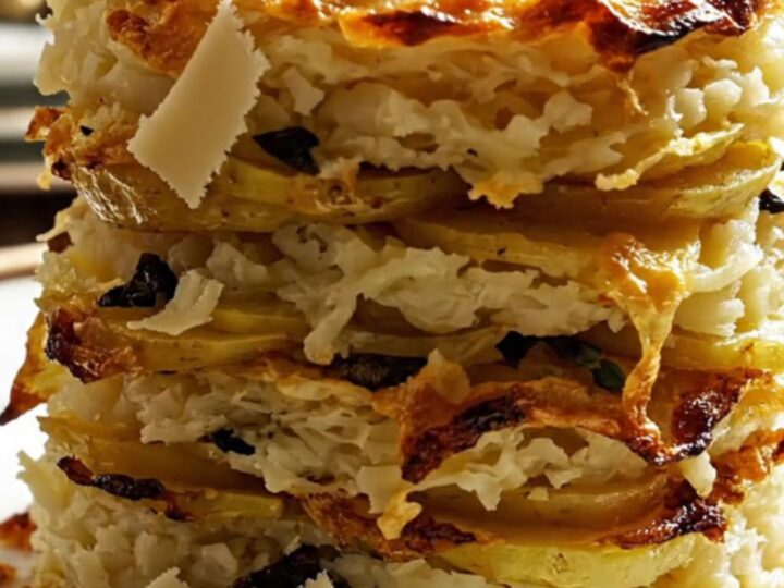 A steaming, golden-brown serving of mushroom and truffle Gruyère scalloped potatoes garnished with fresh thyme.