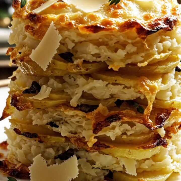 A steaming, golden-brown serving of mushroom and truffle Gruyère scalloped potatoes garnished with fresh thyme.