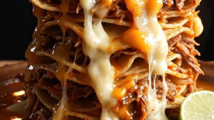 A close-up of a stacked birria enchilada bake in a slow cooker with bubbling cheese and red consommé.