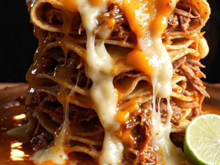 A close-up of a stacked birria enchilada bake in a slow cooker with bubbling cheese and red consommé.