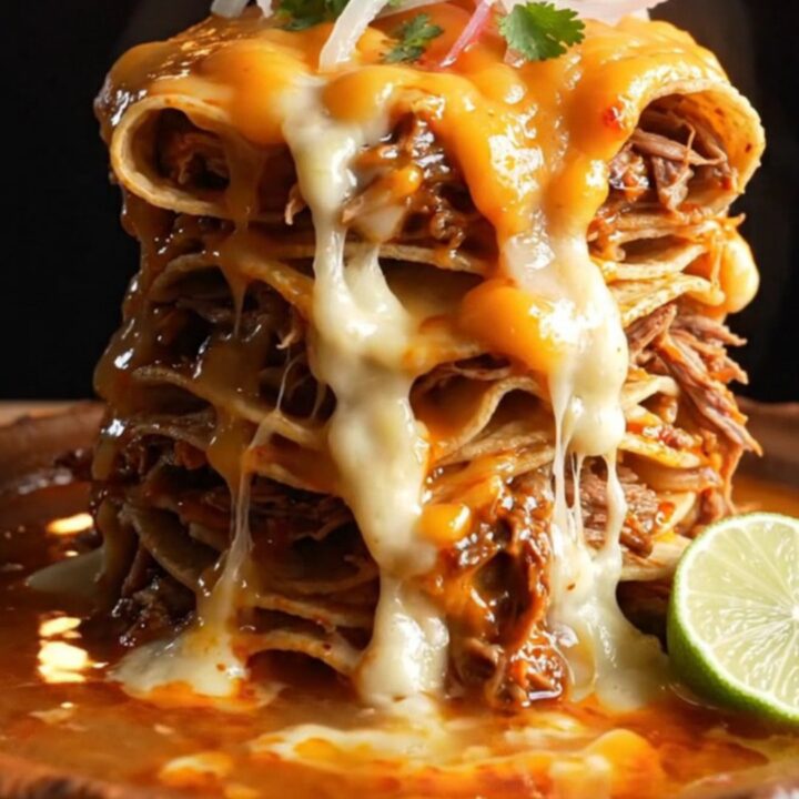 A close-up of a stacked birria enchilada bake in a slow cooker with bubbling cheese and red consommé.