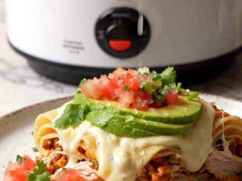 A steaming, gooey slice of white queso and rotisserie chicken lasagna on a plate.