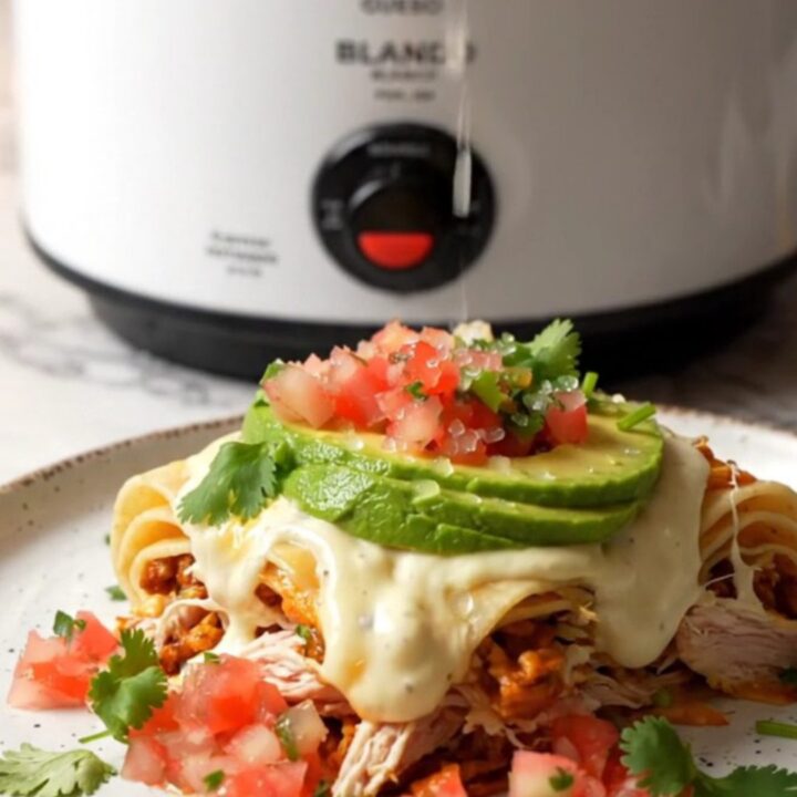 A steaming, gooey slice of white queso and rotisserie chicken lasagna on a plate.