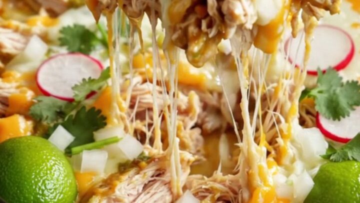 A steaming casserole dish filled with triple-cheese Suiza chicken enchiladas in a rustic