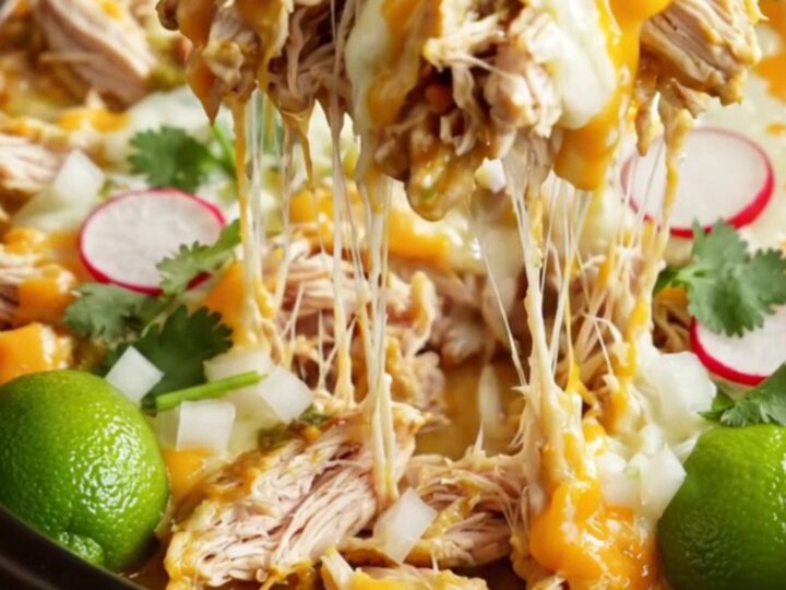 A steaming casserole dish filled with triple-cheese Suiza chicken enchiladas in a rustic