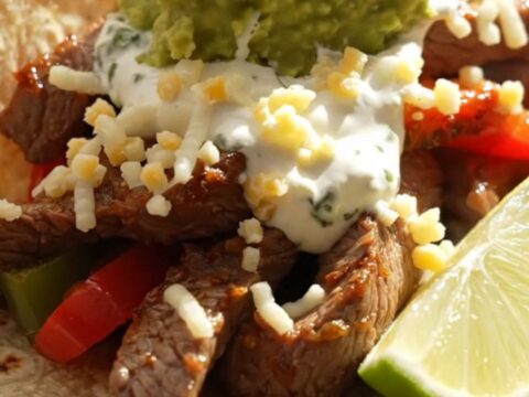 A close-up of a dark ceramic slow cooker filled with tender strips of flank steak and colorful bell peppers.