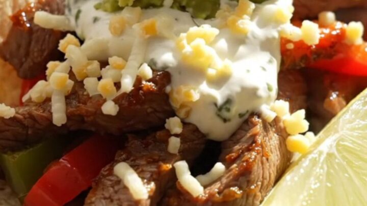 A close-up of a dark ceramic slow cooker filled with tender strips of flank steak and colorful bell peppers.