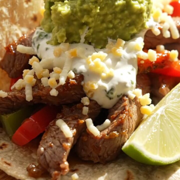 A close-up of a dark ceramic slow cooker filled with tender strips of flank steak and colorful bell peppers.