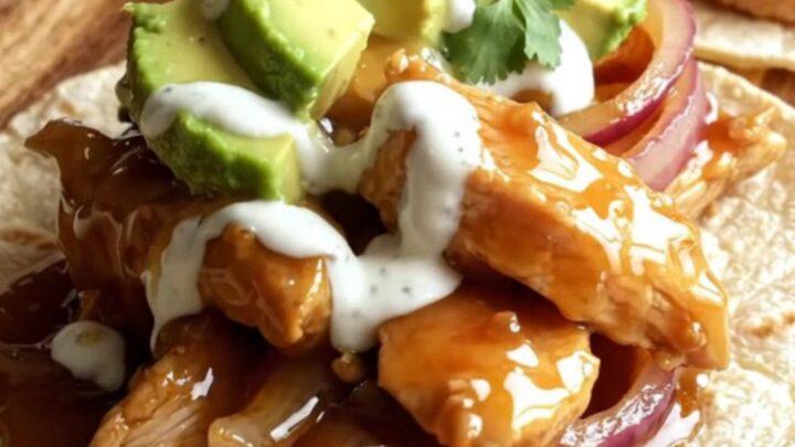 A close-up shot of glossy, honey-chipotle glazed chicken strips and charred bell peppers in a red slow cooker.