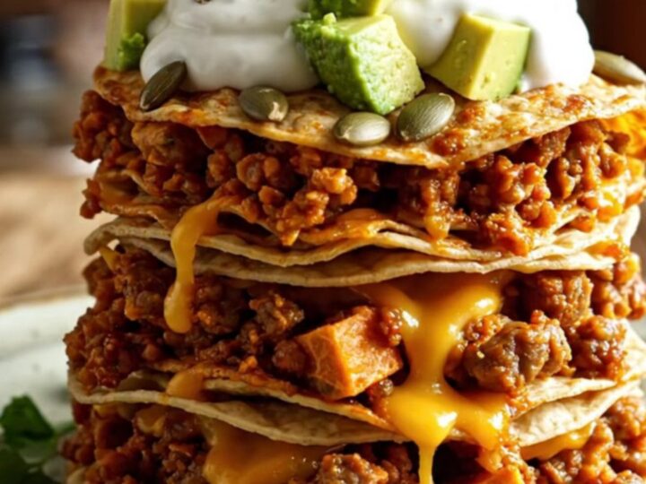 A vibrant stack of slow-cooked enchiladas topped with avocado, sour cream, and cilantro in a rustic kitchen.