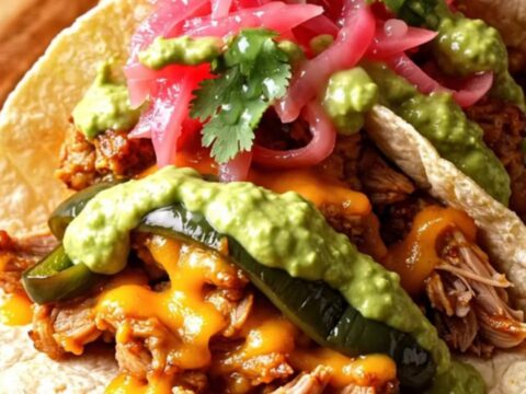 A close-up of tender, shredded pork carnitas with roasted poblano strips and melted Oaxaca cheese in a copper slow cooker.