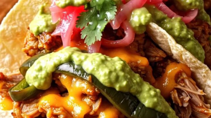 A close-up of tender, shredded pork carnitas with roasted poblano strips and melted Oaxaca cheese in a copper slow cooker.