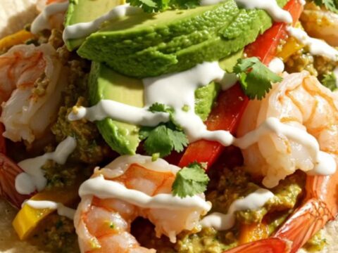 A close-up view of creamy cilantro lime shrimp fajitas served on warm flour tortillas with avocado.