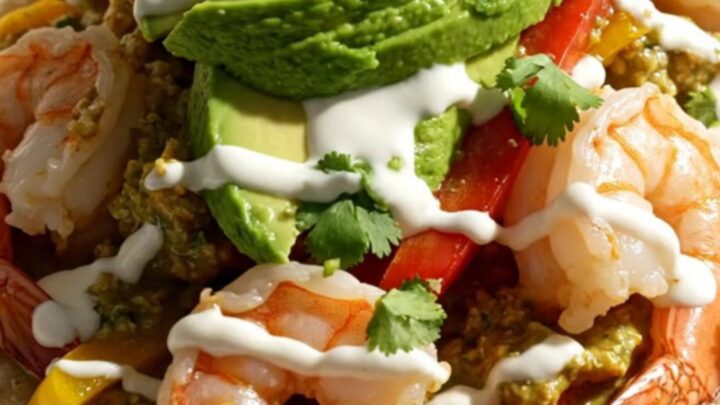 A close-up view of creamy cilantro lime shrimp fajitas served on warm flour tortillas with avocado.