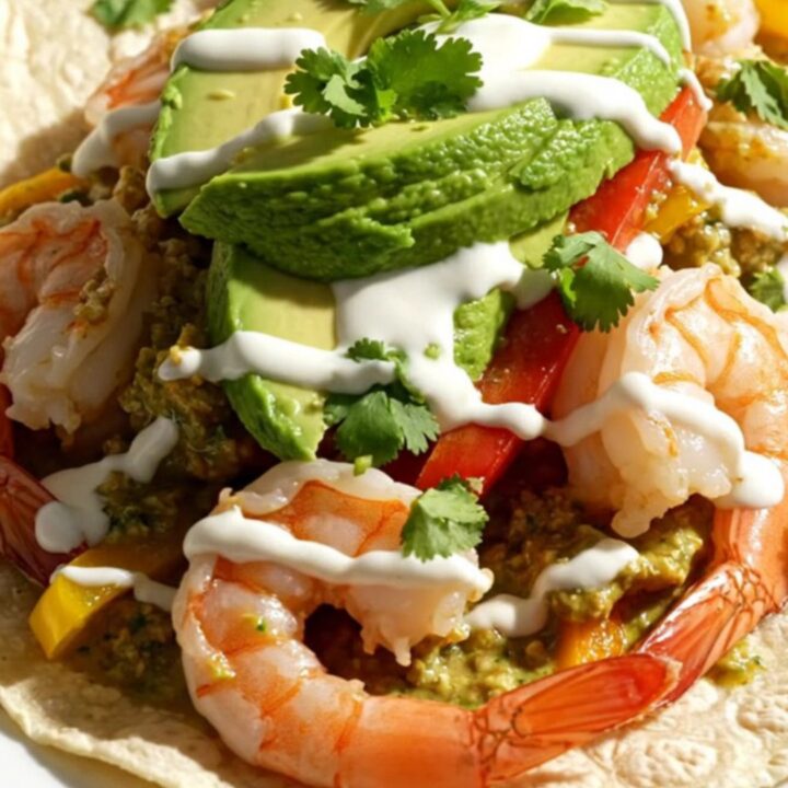 A close-up view of creamy cilantro lime shrimp fajitas served on warm flour tortillas with avocado.