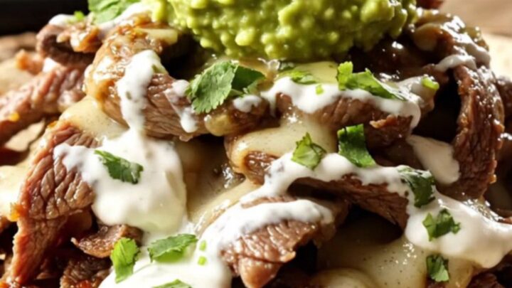 A close-up of a slow cooker filled with tender skirt steak strips, portobello mushrooms, and melted Pepper Jack cheese.