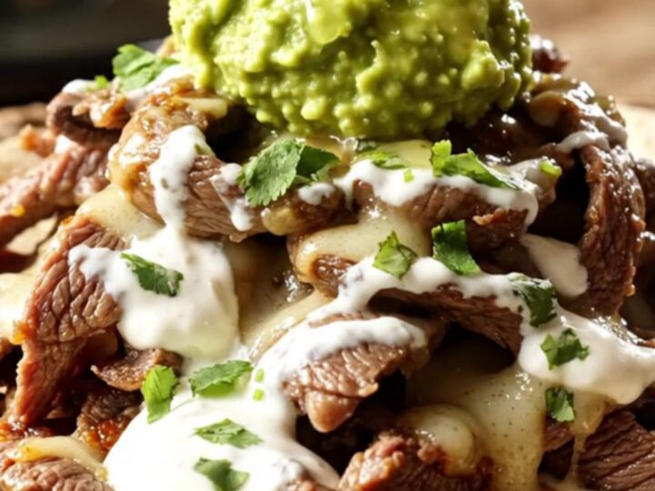 A close-up of a slow cooker filled with tender skirt steak strips, portobello mushrooms, and melted Pepper Jack cheese.