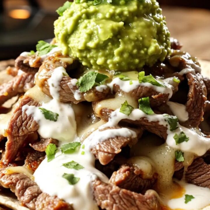 A close-up of a slow cooker filled with tender skirt steak strips, portobello mushrooms, and melted Pepper Jack cheese.