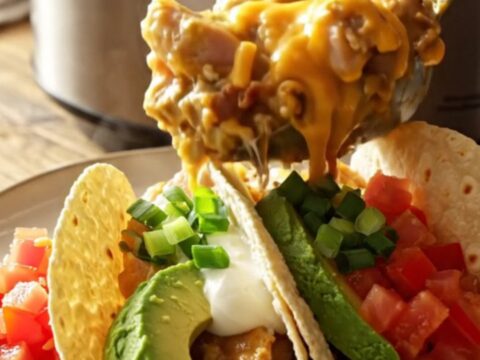 A close-up of a slow cooker filled with chicken, peppers, and melted cheese topped with crispy bacon.