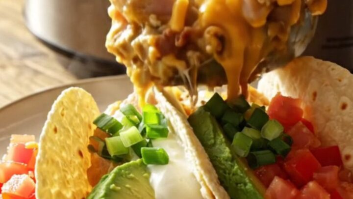 A close-up of a slow cooker filled with chicken, peppers, and melted cheese topped with crispy bacon.
