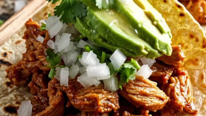 A vibrant red slow cooker filled with tender Al Pastor pork, sweet pineapple chunks, and melted cheese.