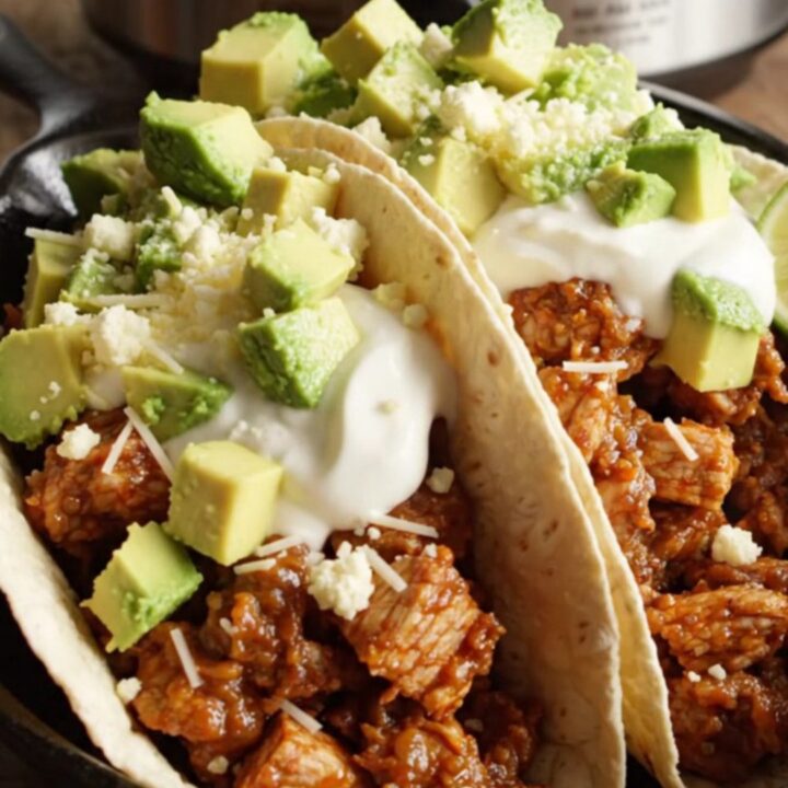 A close-up of a slow cooker filled with chicken and chorizo fajitas topped with melted cheese.