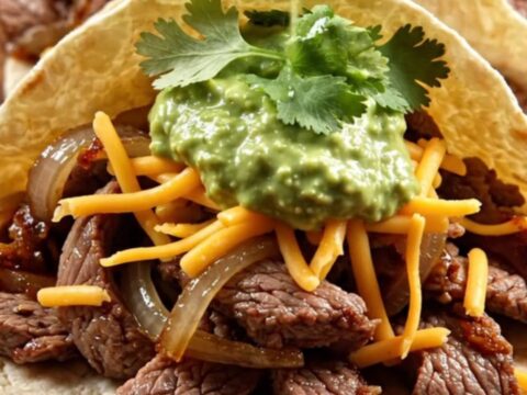 A rustic slow cooker filled with tender strips of skirt steak, caramelized onions, and red peppers in a rich glaze.