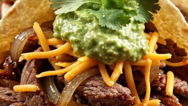 A rustic slow cooker filled with tender strips of skirt steak, caramelized onions, and red peppers in a rich glaze.