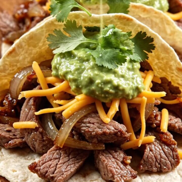 A rustic slow cooker filled with tender strips of skirt steak, caramelized onions, and red peppers in a rich glaze.