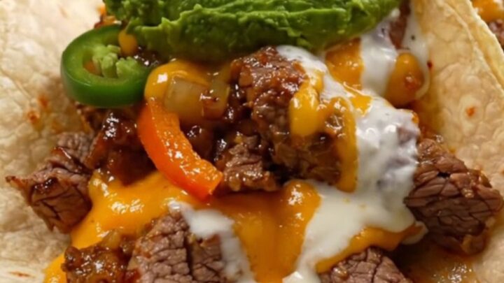A rustic Crockpot filled with tender steak strips, bell peppers, and bubbling white queso, ready to serve.