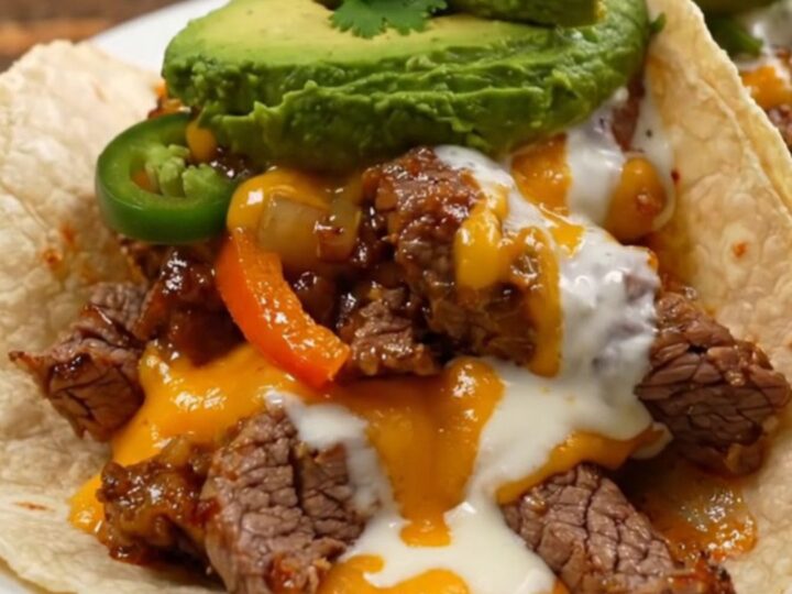 A rustic Crockpot filled with tender steak strips, bell peppers, and bubbling white queso, ready to serve.