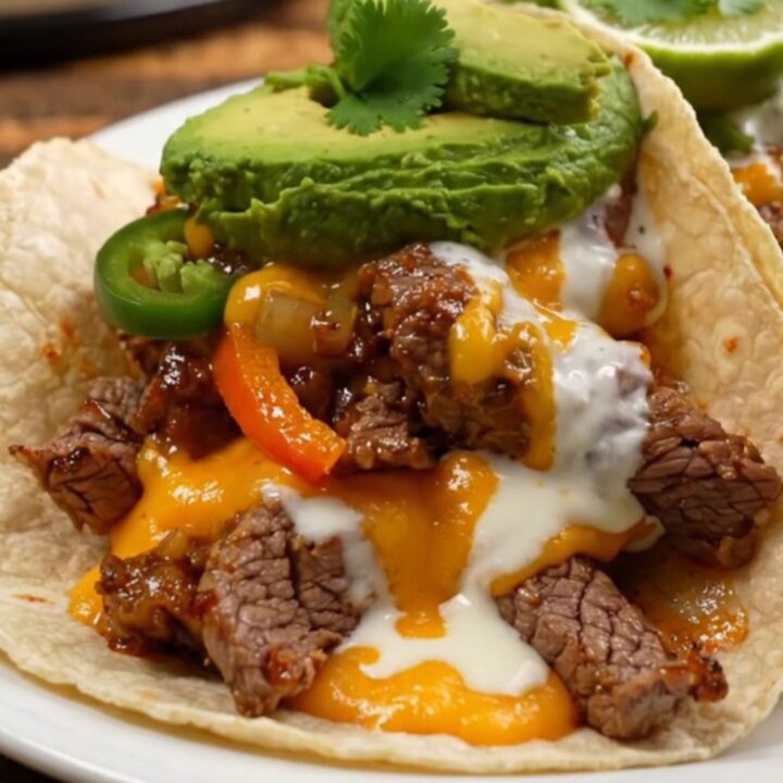 A rustic Crockpot filled with tender steak strips, bell peppers, and bubbling white queso, ready to serve.