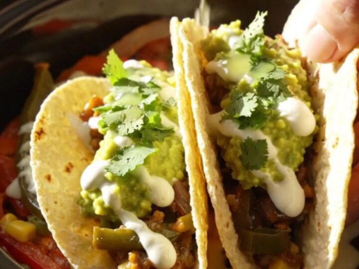 A vibrant slow-cooker filled with roasted poblano peppers, red bell peppers, corn