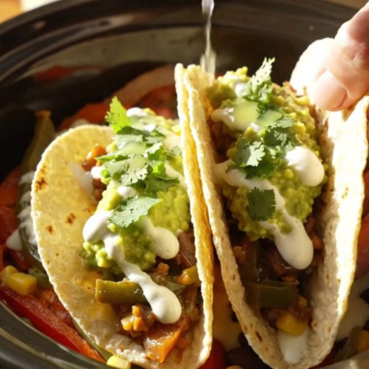 A vibrant slow-cooker filled with roasted poblano peppers, red bell peppers, corn