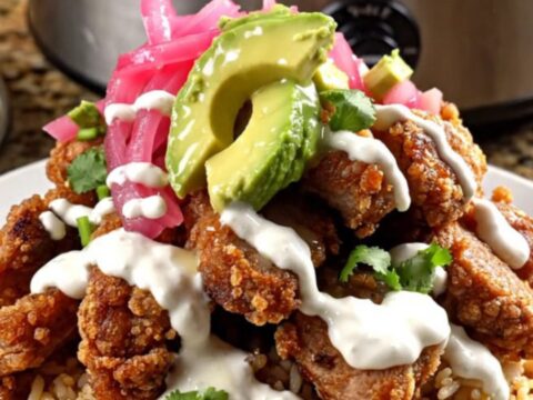A close-up of succulent slow cooker pork carnitas topped with melted Oaxaca cheese in a dark stoneware pot.