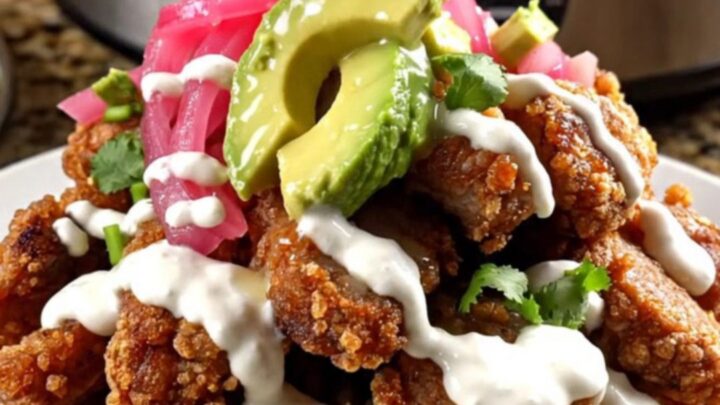 A close-up of succulent slow cooker pork carnitas topped with melted Oaxaca cheese in a dark stoneware pot.
