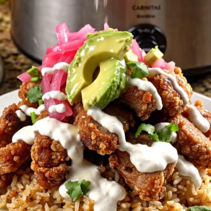 A close-up of succulent slow cooker pork carnitas topped with melted Oaxaca cheese in a dark stoneware pot.