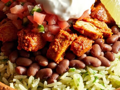 A vibrant burrito bowl featuring tender, achiote-glazed chicken topped with melted Chihuahua cheese, served with rice, beans
