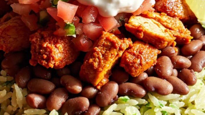 A vibrant burrito bowl featuring tender, achiote-glazed chicken topped with melted Chihuahua cheese, served with rice, beans