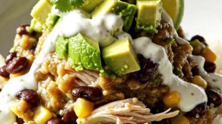 A steaming bowl of cilantro lime chicken burrito bowls topped with melted cheese, avocado, and sour cream.