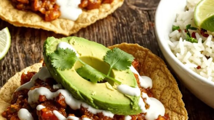 A close-up view of steaming shredded honey chipotle chicken tinga topped with melted Oaxaca cheese in a dark crockpot.