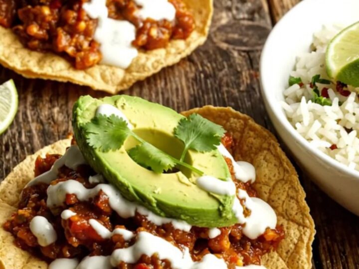 A close-up view of steaming shredded honey chipotle chicken tinga topped with melted Oaxaca cheese in a dark crockpot.