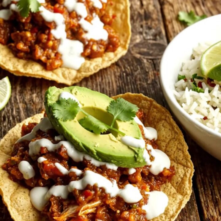 A close-up view of steaming shredded honey chipotle chicken tinga topped with melted Oaxaca cheese in a dark crockpot.